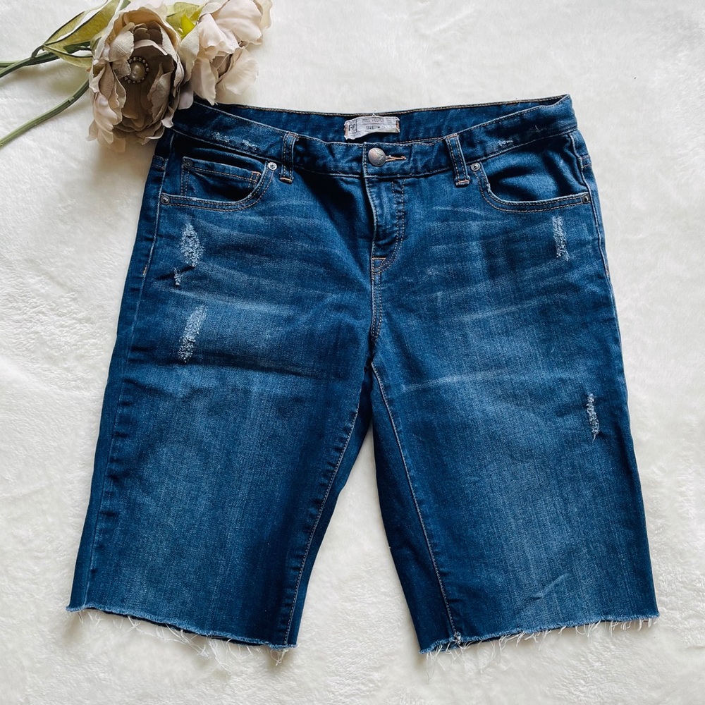 Free People Distressed Long Jean Shorts